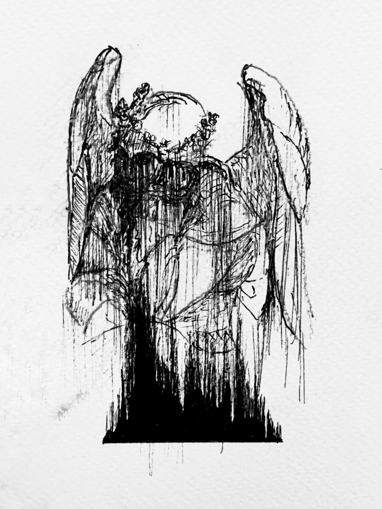 The Angel of Melancholy is an ink drawing by Gavin Jones, based on the central figure in Dürer’s famous print 
